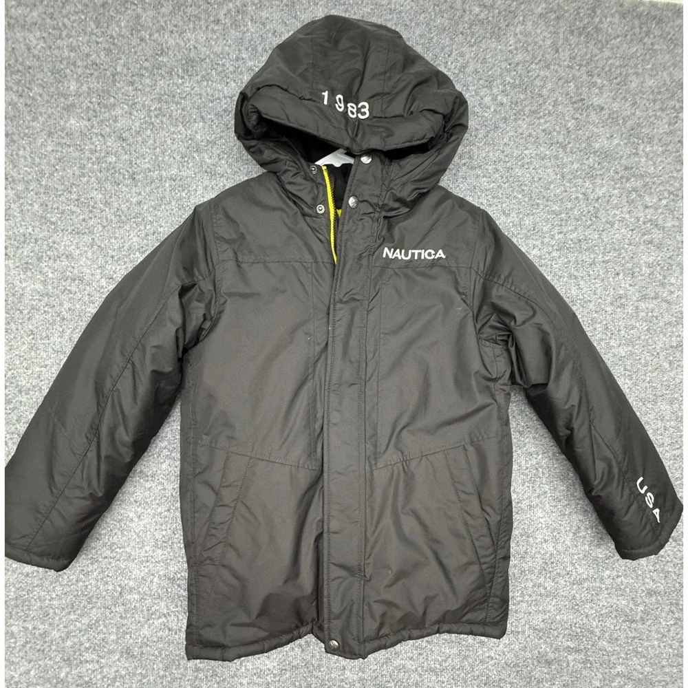 Nautica Kids Black Hooded Winter Parka Jacket Fleece Lined Size M 10/12 1983 USA